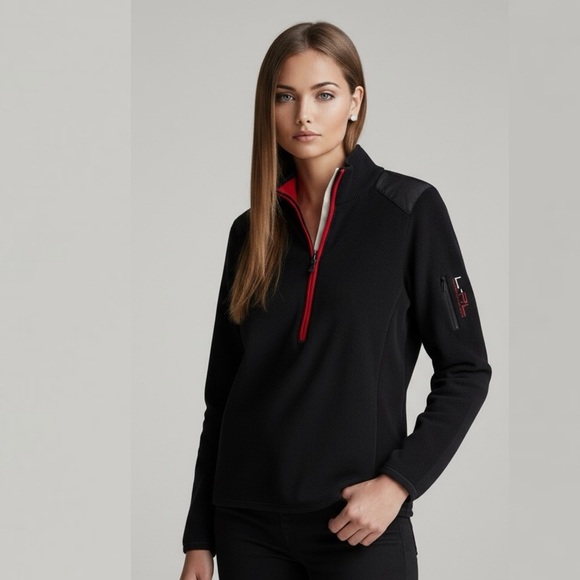🌻Vintage Lauren Ralph Lauren Black Red 1/2 Zip Mock Neck Pullover Size Large - Picture 2 of 12